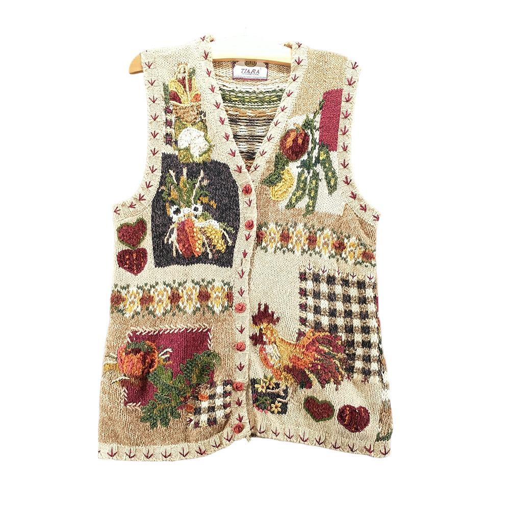 Tiara International Womens Thanksgiving Sweater Vest Multi L Embroidered Vintage